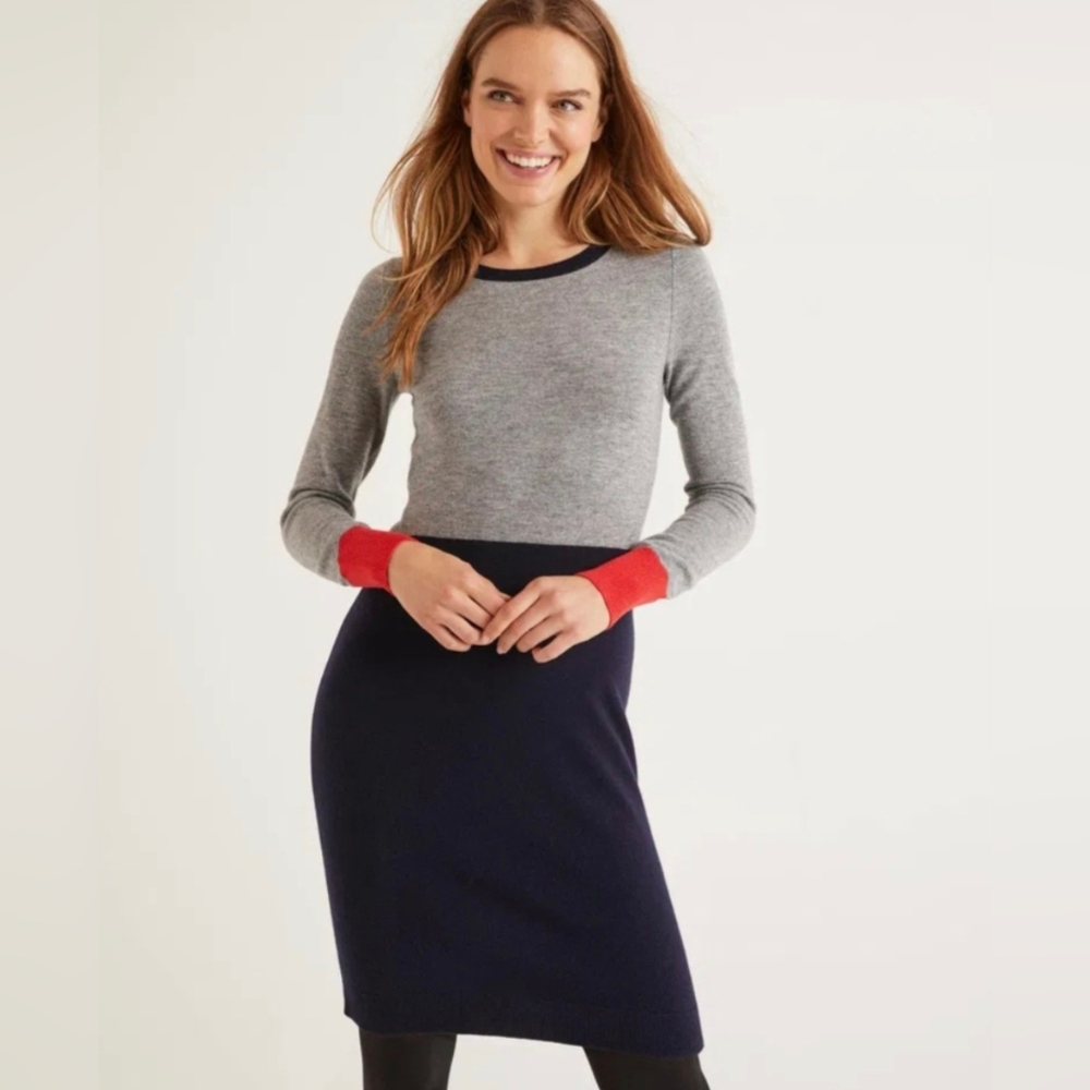 Boden Gray and Navy Sweater Dress with Red Cuffs